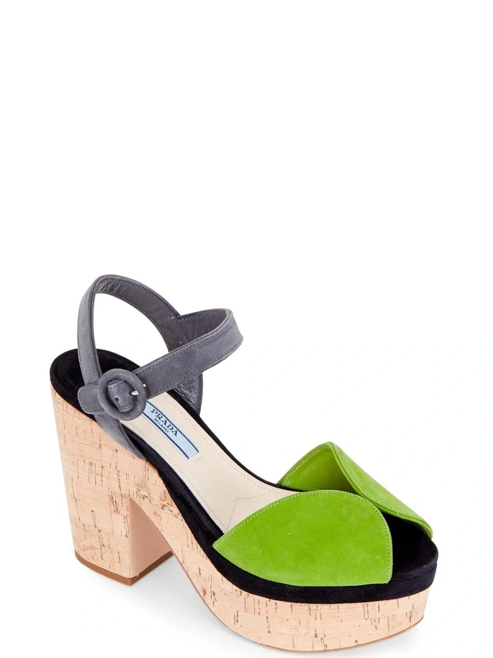 Prada Green Suede Cork Platform Sandals with Gray Straps